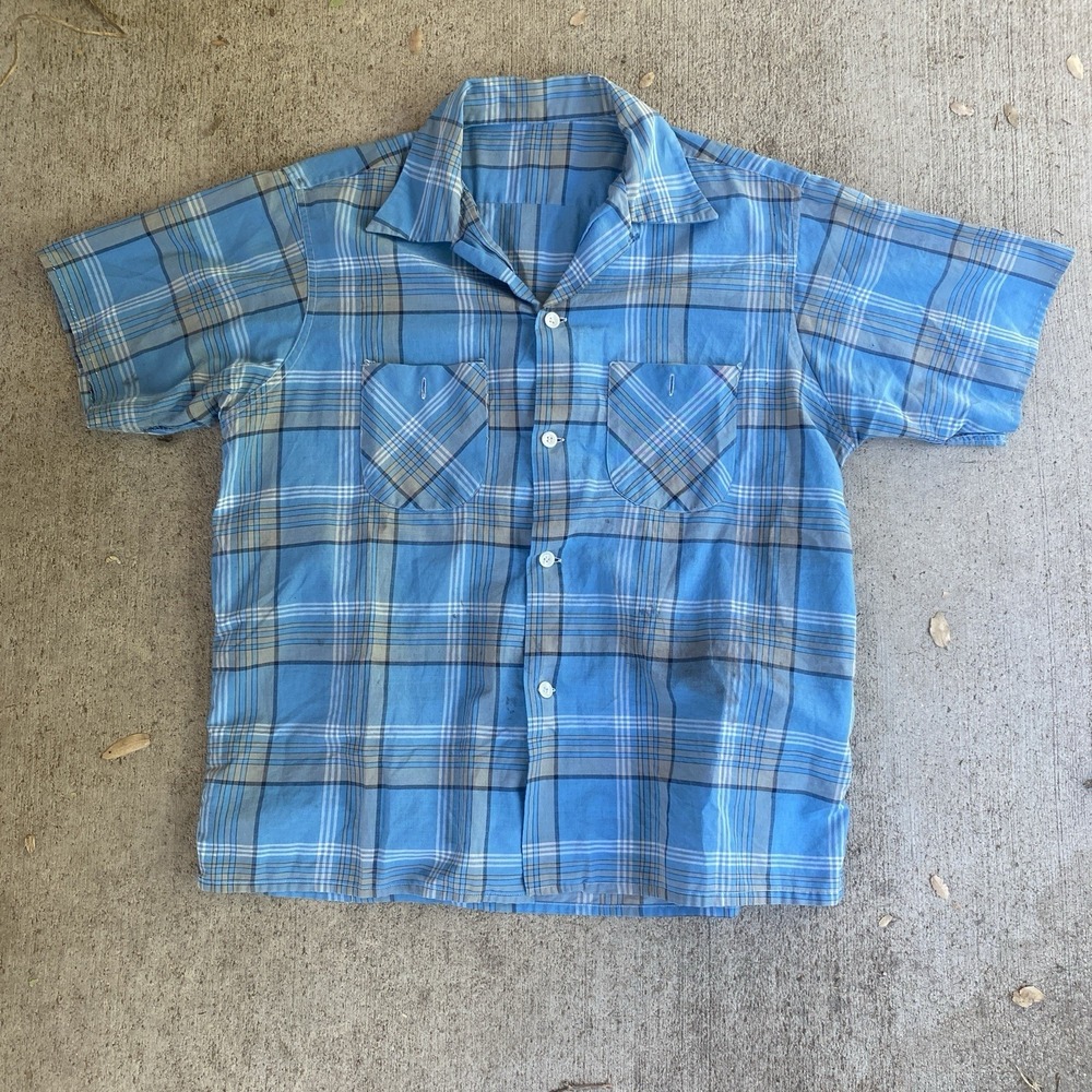 Vintage 50s 60s short sleeve button shirt loop collar plaid distressed Large